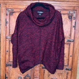 Super soft furry red black striped cowl neck  drop shoulder sweater sz M
